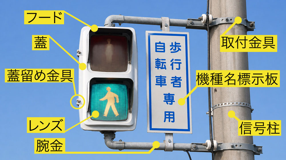 歩行者用信号や信号柱まわりの各部名称を示した図解画像